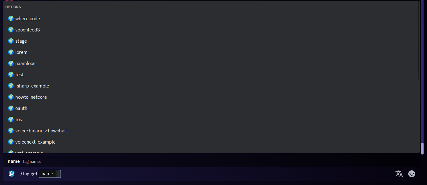 A Discord screenshot of the tag get command. As the user types, the list of tags changes.