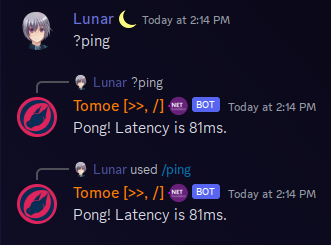 Ping command demonstration via text commands and slash commands.